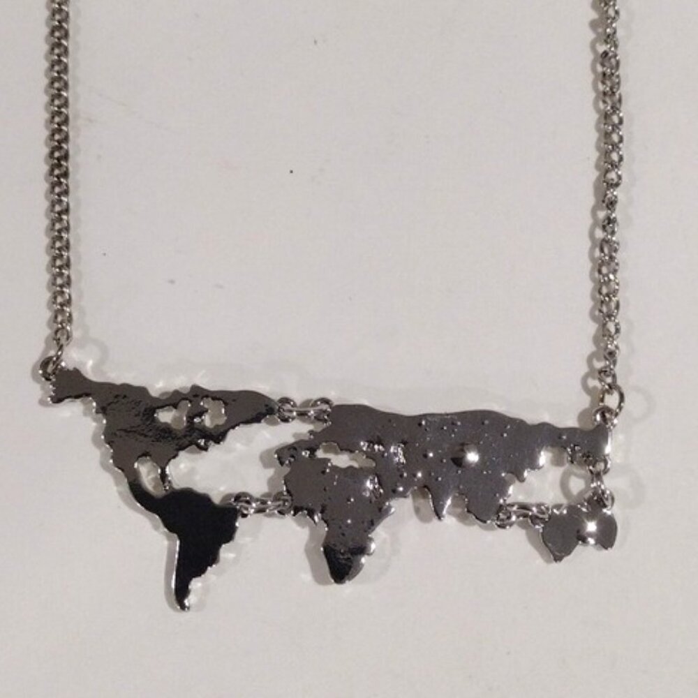 Silver-Tone World Map Pendant Necklace Travel Lover Jewelry Stylish & Minimalist